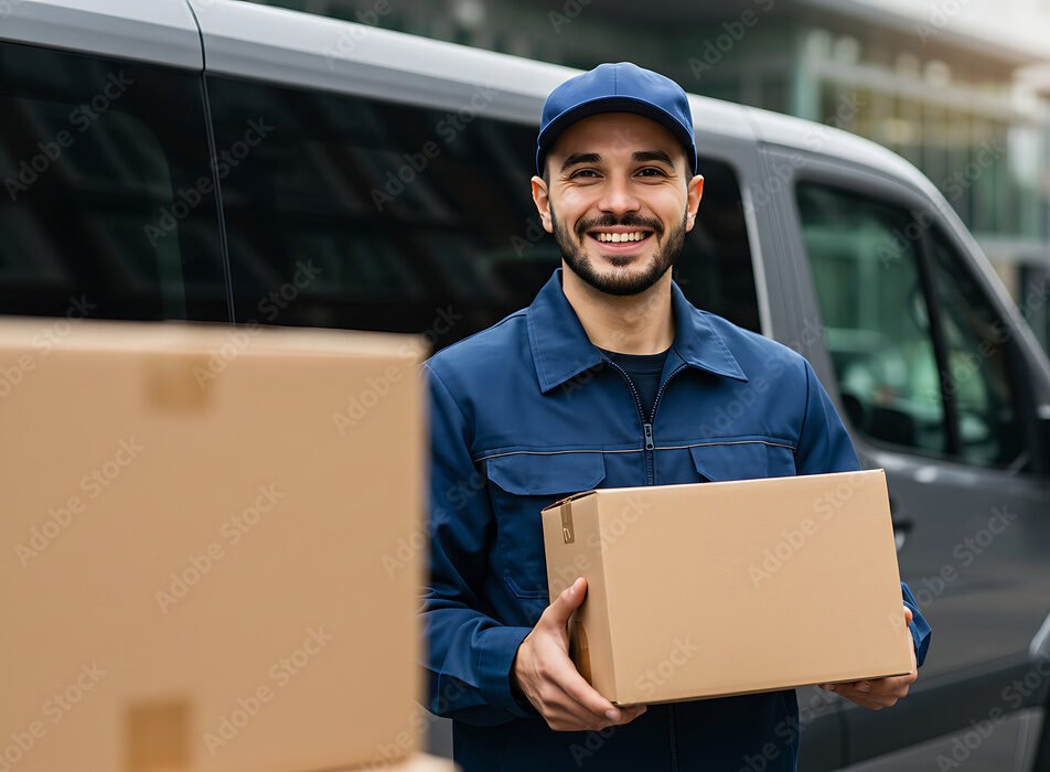 Delivery man holding a cardboard box smiling at the camera, courier with parcel near van, delivery service concept.