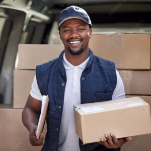 Delivery man, transport and black man with a box and smile outdoor for shipping or courier service. Portrait of happy african person or driver with cardboard package at van from commercial supplier