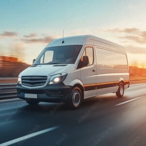 White modern delivery small shipment cargo courier van moving fast on motorway road to city