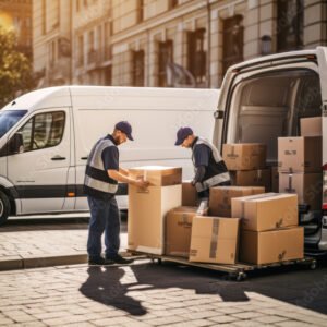 Workers unloading boxes from van outdoors. Moving service. Created with Generative AI technology.